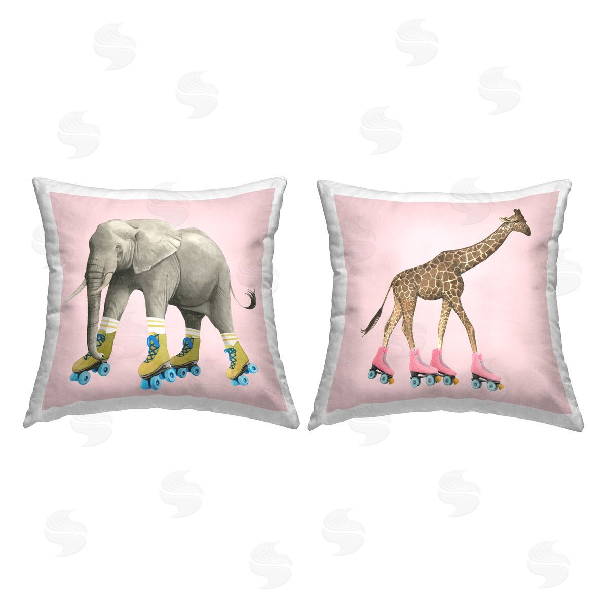 Elephant and Giraffe Roller Skating Retro Pink Decorative Printed Pillow, Home Decor by Grace Popp