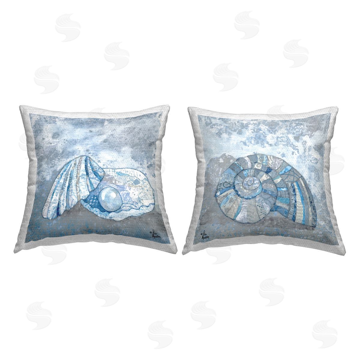 Blue Collaged Clam Seashell Aquatic Beach Life Outdoor Printed Pillow, Home Decor by Lisa Morales