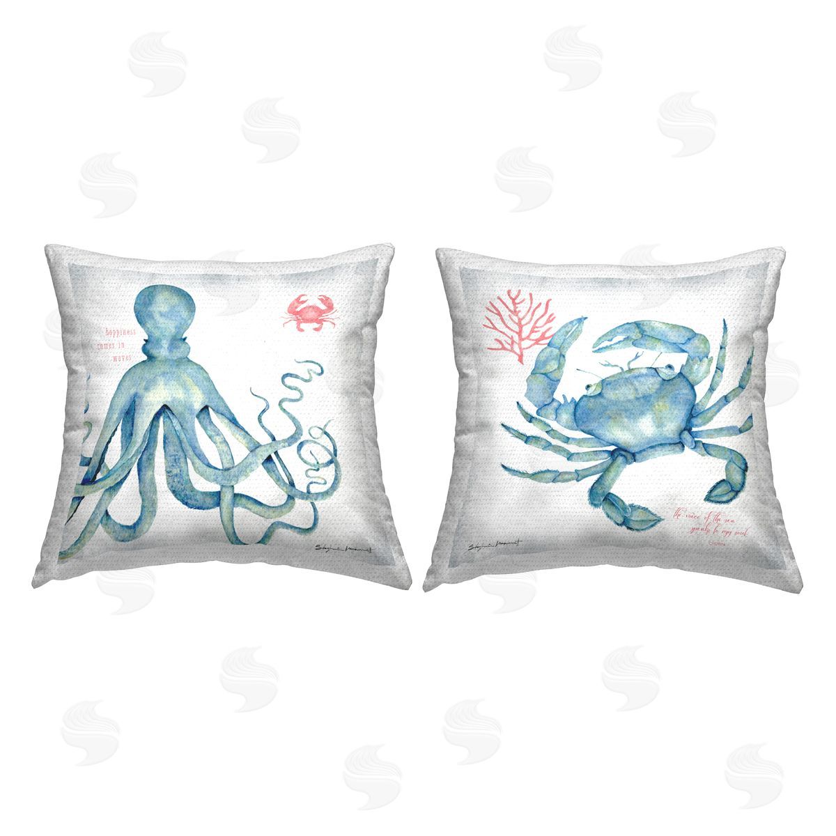 Blue Aquatic Animals Ocean Botanicals Phrase Outdoor Printed Pillow, Home Decor by Stephanie Workman Marrott