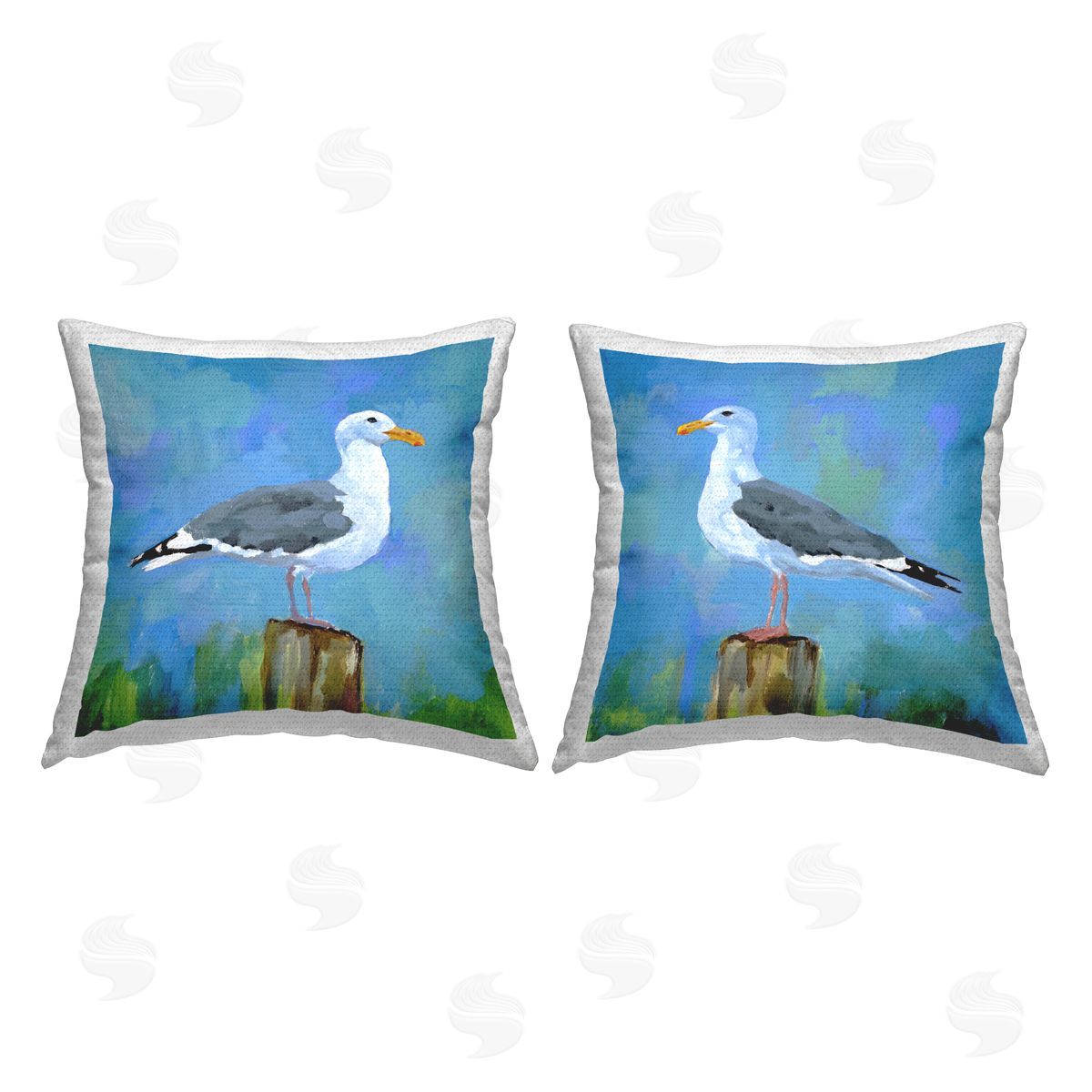 Seagulls on Seaside Dock Outdoor Printed Pillow, Home Decor by Victoria Barnes