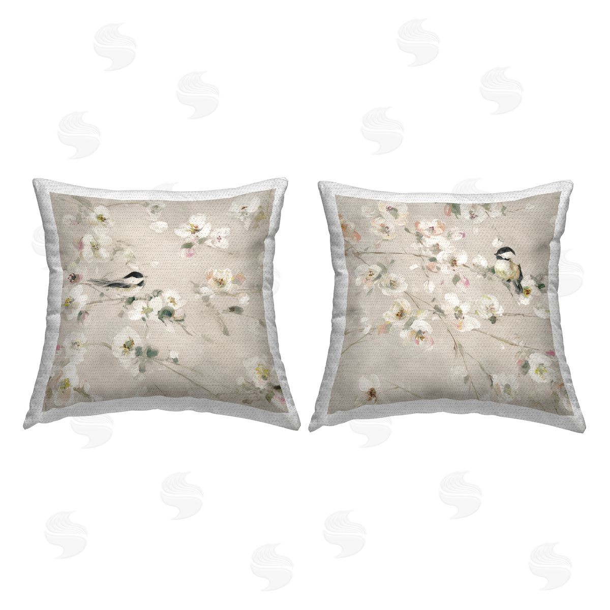 Birds & White Blossoms Outdoor Printed Pillow, Home Decor by Sally Swatland