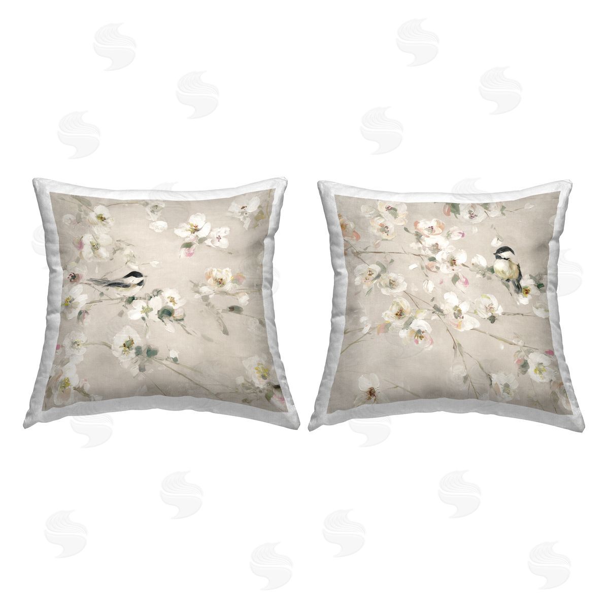 Birds & White Blossoms Decorative Printed Pillow, Home Decor by Sally Swatland