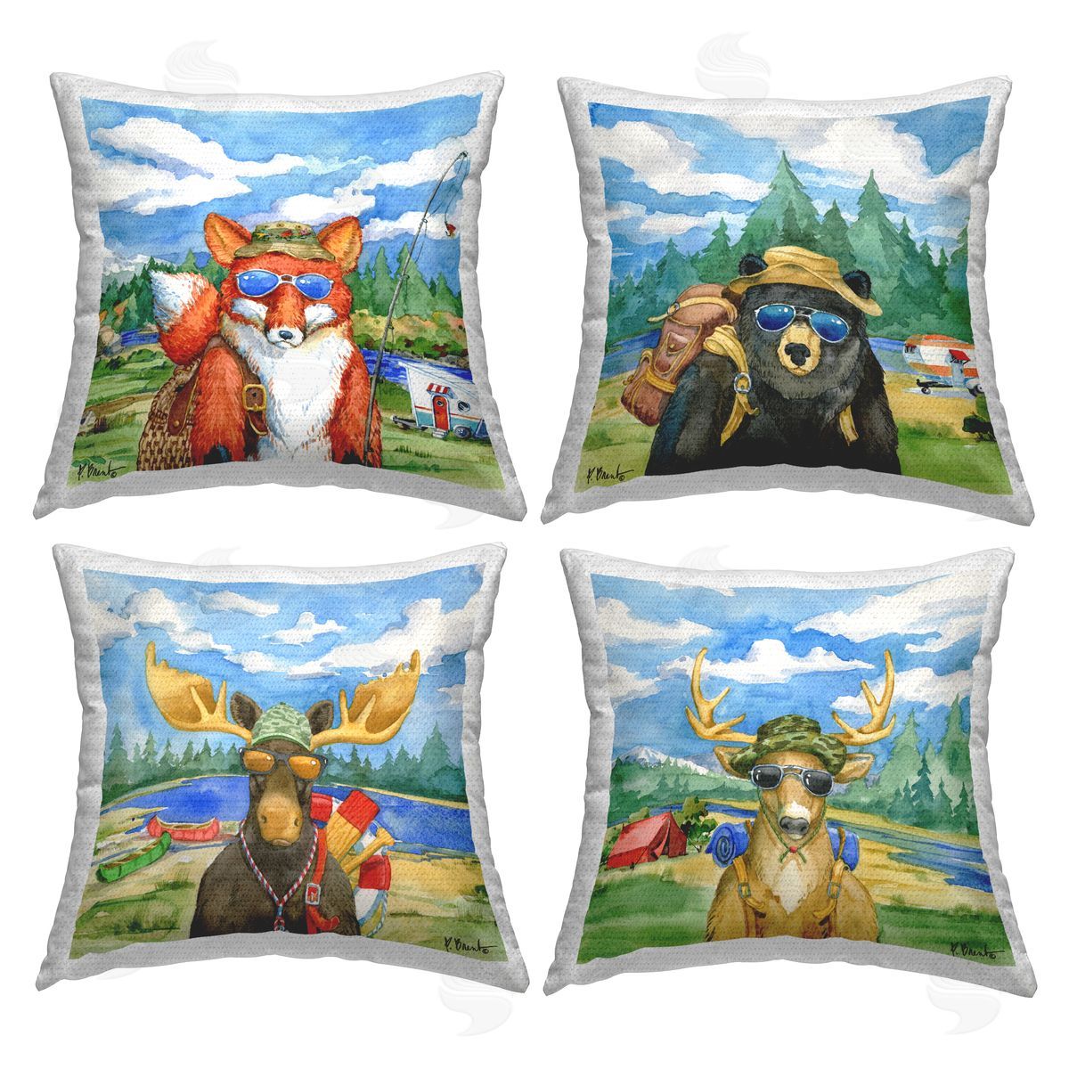 Woodland Animals Camping Fishing Gear Nature Scene Outdoor Printed Pillow, Home Decor by Paul Brent