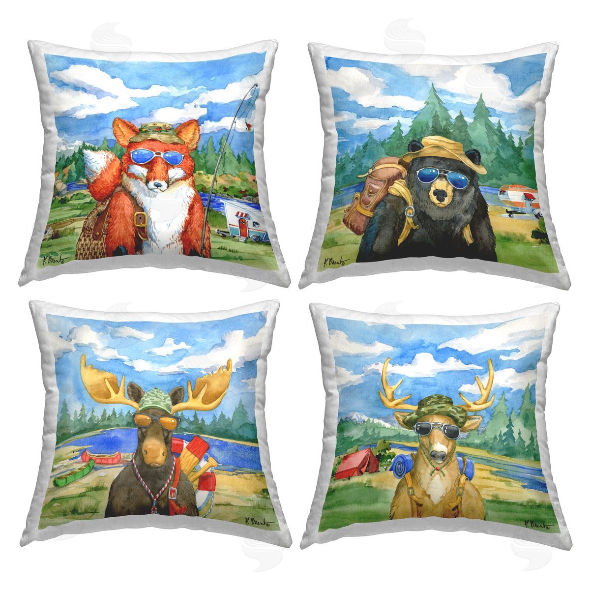 Woodland Animals Camping Fishing Gear Nature Scene Decorative Printed Pillow, Home Decor by Paul Brent