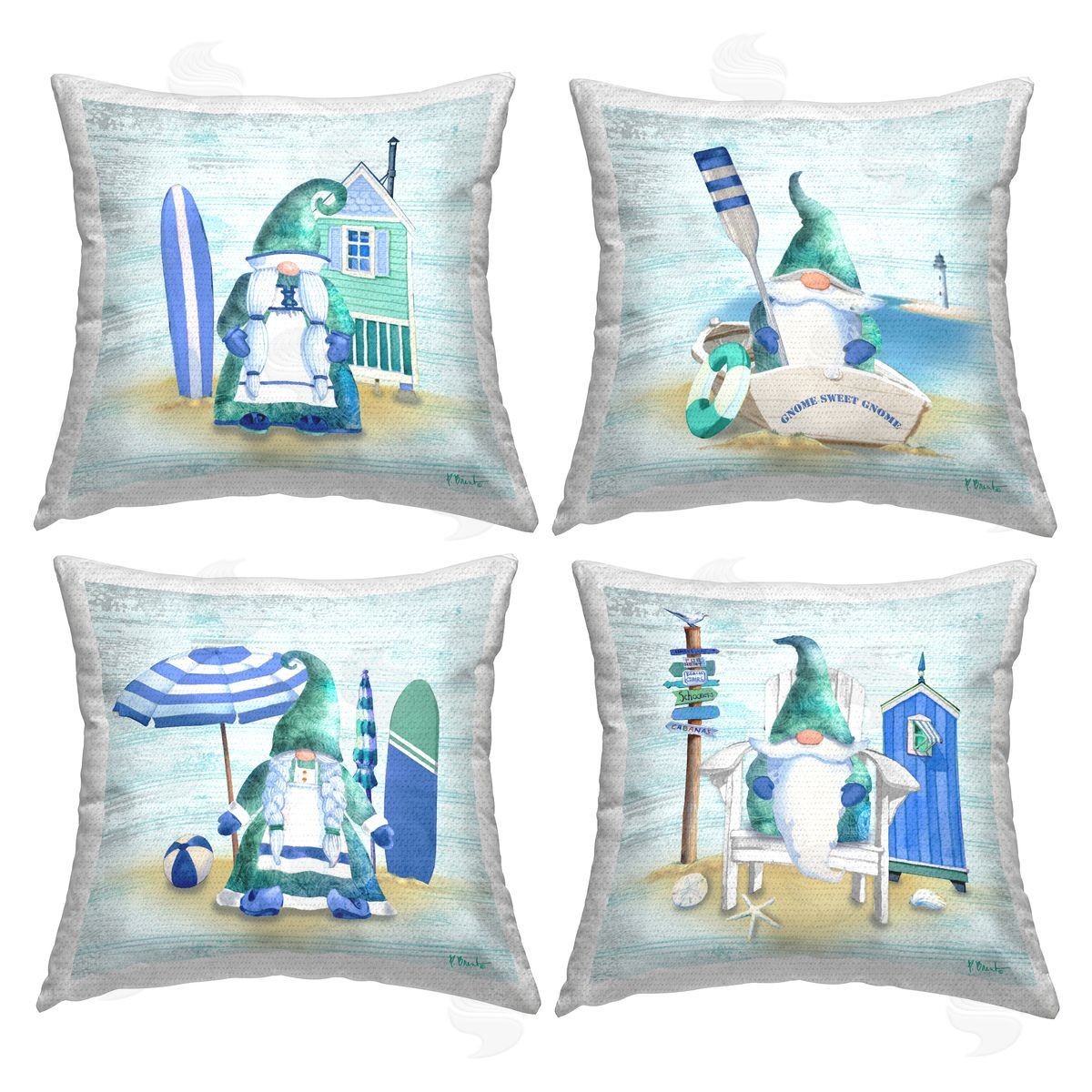 Blue Coastal Gnome Nautical Beach Activities Outdoor Printed Pillow, Home Decor by Paul Brent
