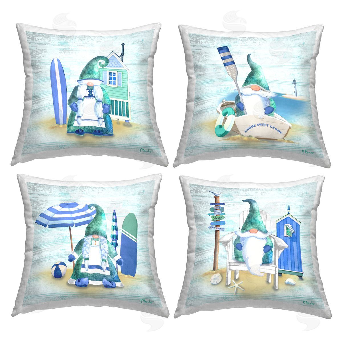 Blue Coastal Gnome Nautical Beach Activities Decorative Printed Pillow, Home Decor by Paul Brent