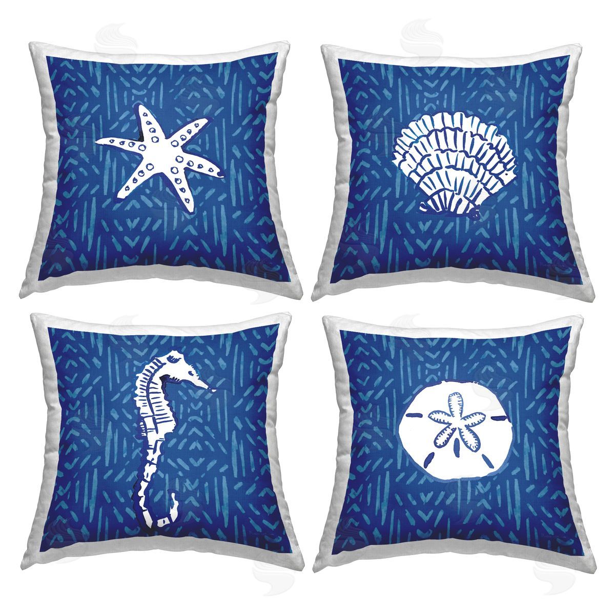 Various Seashells Blue Beach Line Patterns Decorative Printed Pillow, Home Decor by Mercedes Lopez Charro