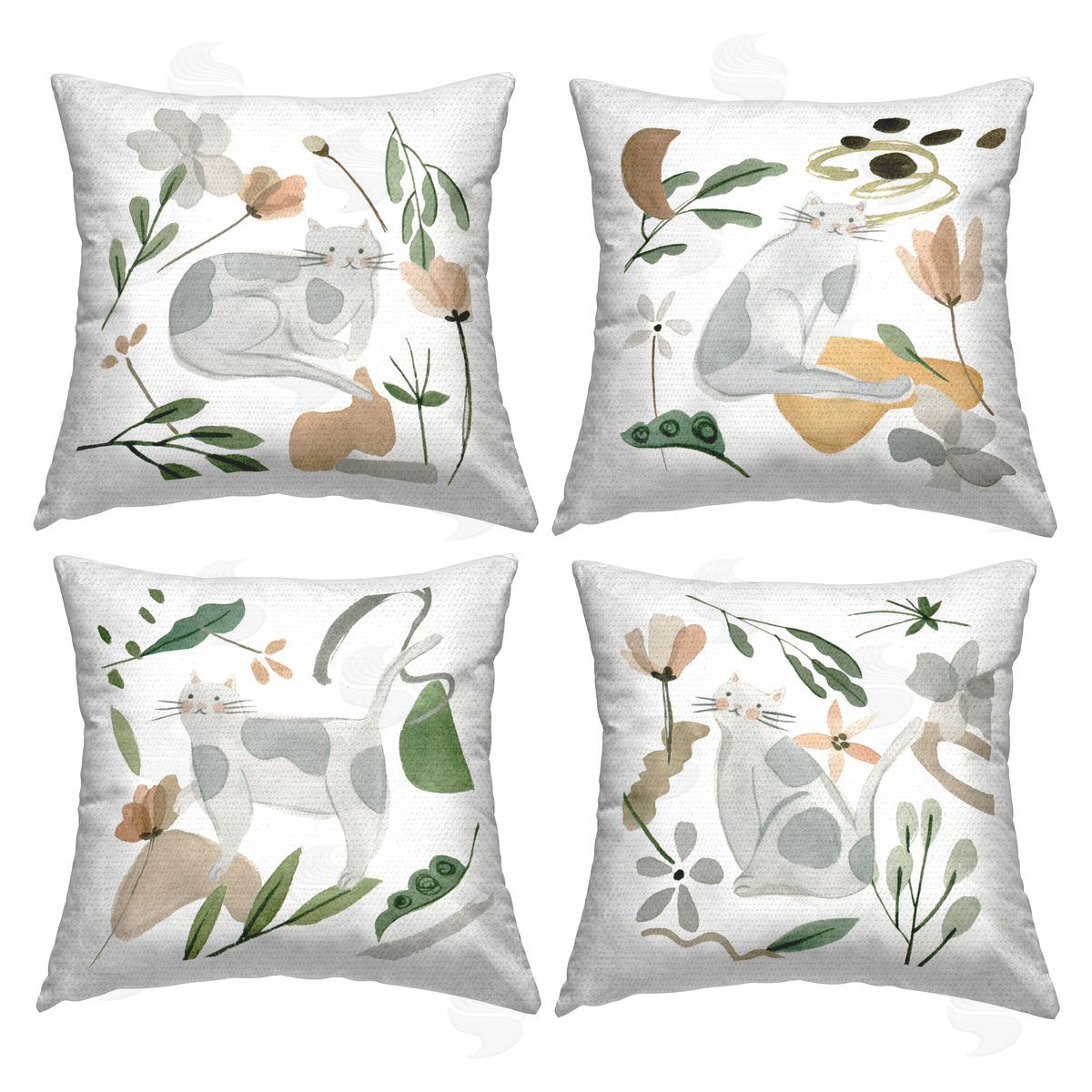 Casual Grey Spotted Cats Varied Botanical Sprigs Outdoor Printed Pillow, Home Decor by Melissa Wang