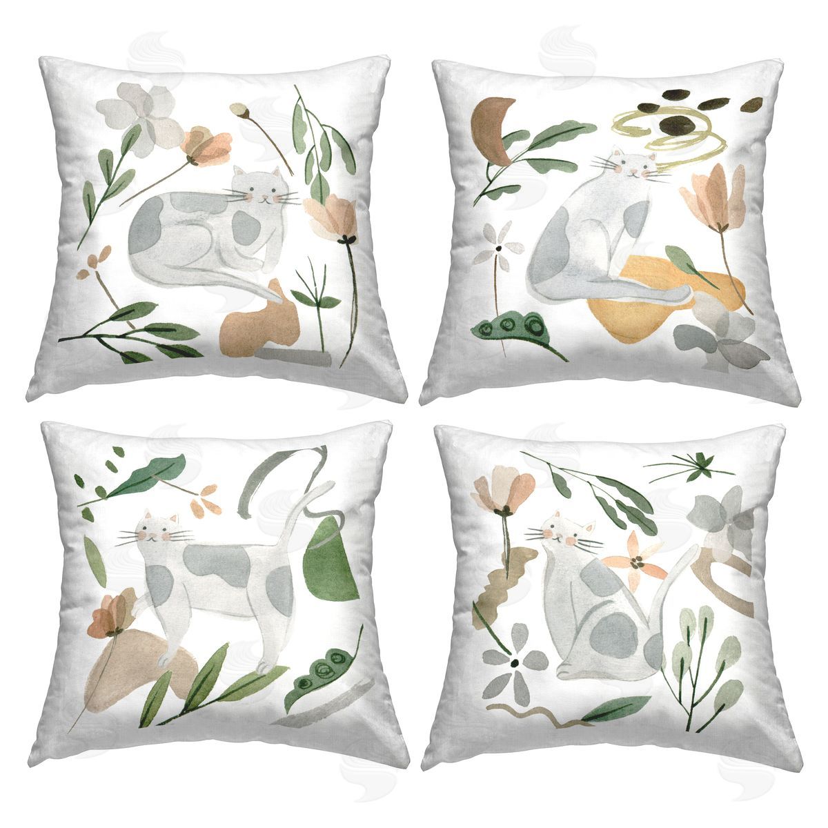 Casual Grey Spotted Cats Varied Botanical Sprigs Decorative Printed Pillow, Home Decor by Melissa Wang