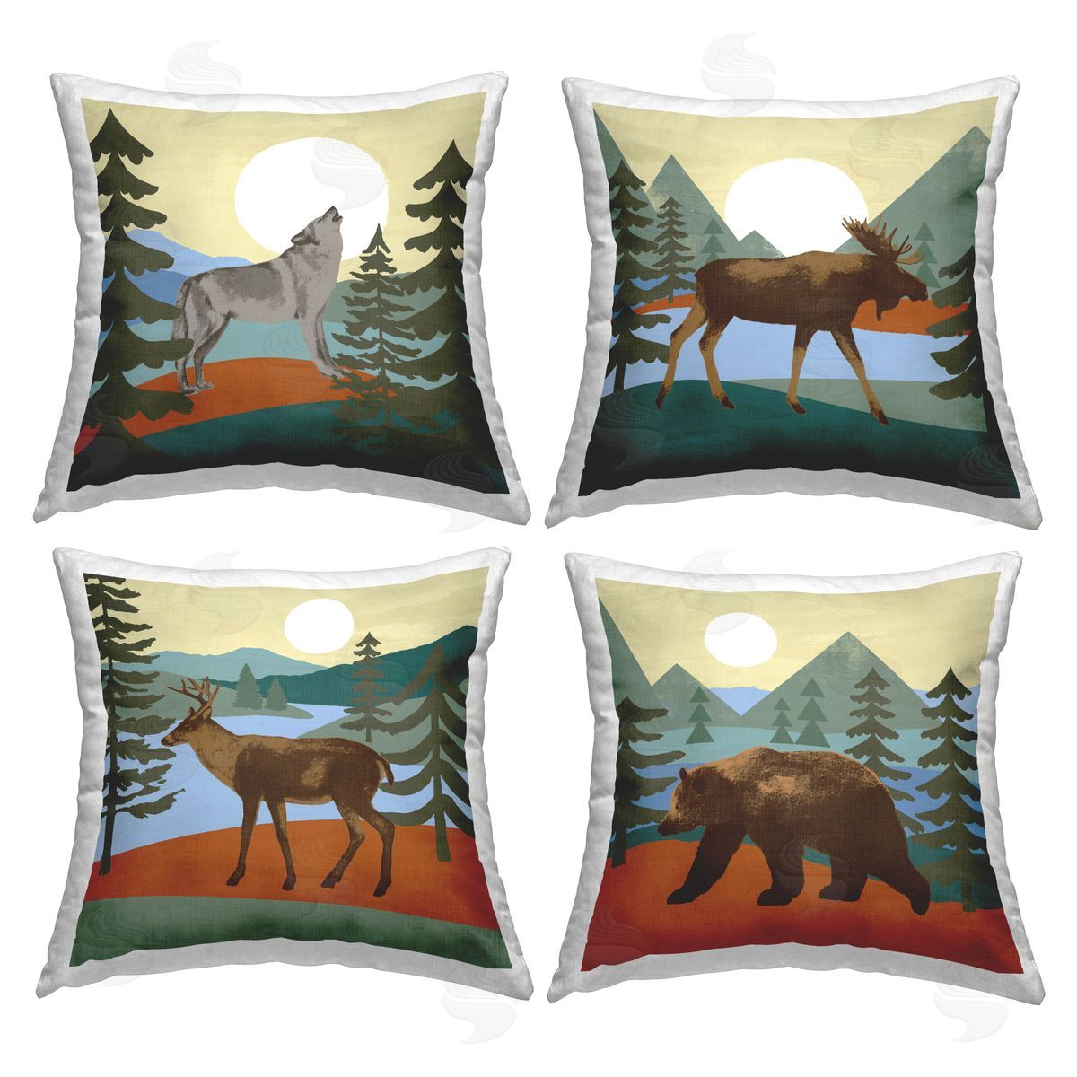 Rustic Woodland Wildlife Silhouette Mountain Animals Decorative Printed Pillow, Home Decor by Victoria Barnes