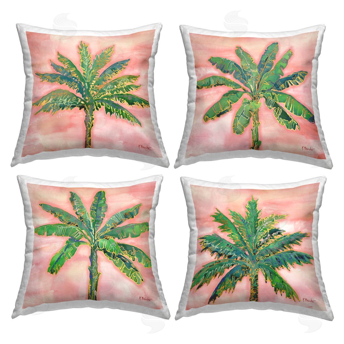 Pink Summer Palm Tree Leaves Decorative Printed Pillow, Home Decor by Paul Brent