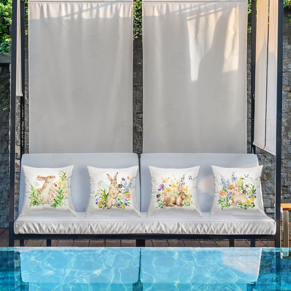 Katrina Pete Celebrate Spring Floral Bunnies Outdoor Pillow Set on Patio