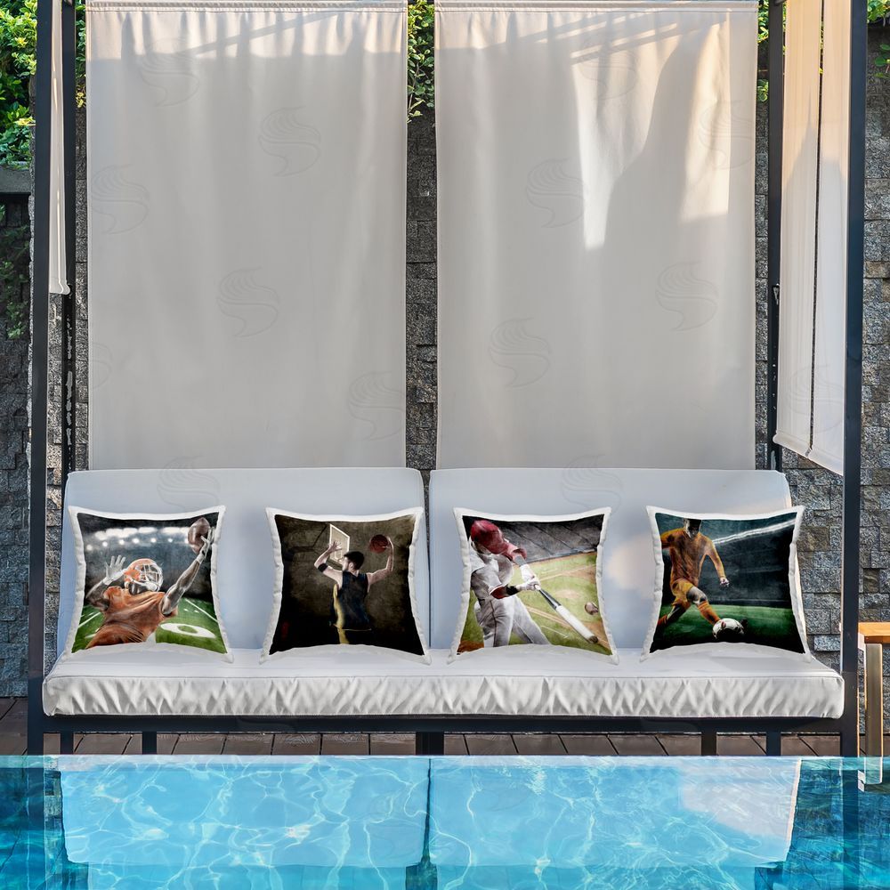 Kim Allen Sports Balls In Action Outdoor Pillow Set on Patio