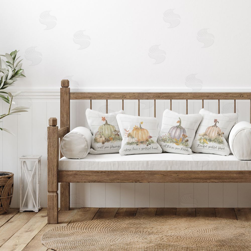 Livi and Finn Inspiring Woodland Harvest Words Printed Indoor Throw Pillow in Room