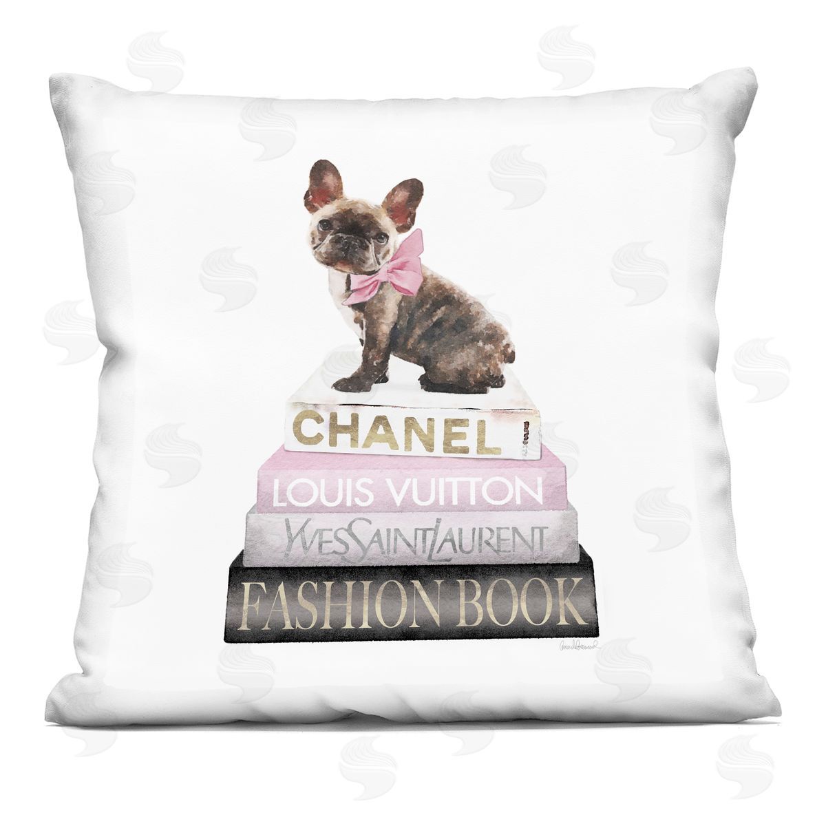 Pink Bow Dog Bookstack Decorative Printed Pillow, Home Decor by Amanda Greenwood