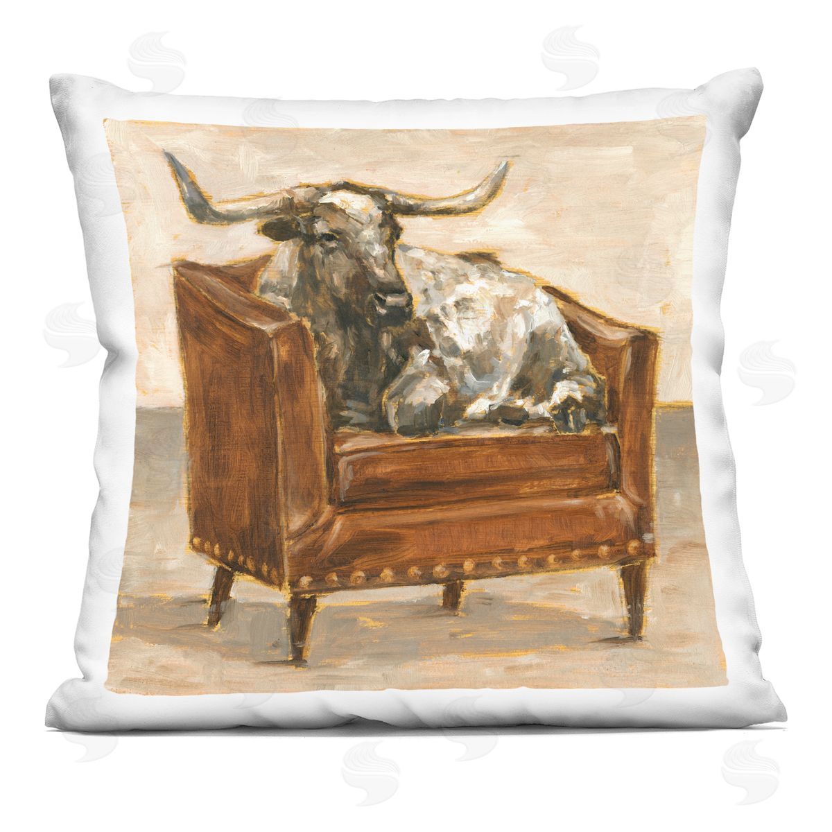 Brown Bull Resting in Orange Brown Chair Decorative Printed Pillow, Home Decor by Ethan Harper