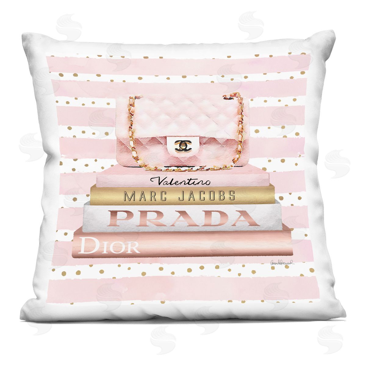 Pink Designer Bag on Fashion Bookstack Striped Pattern Decorative Printed Pillow, Home Decor by Amanda Greenwood