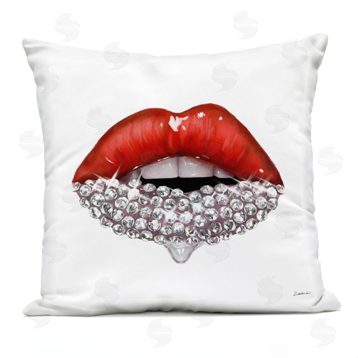 Red Glam Lips with Glistening Cosmetic Stones Printed Pillow Outdoor Printed Pillow, Home Decor by Ziwei Li