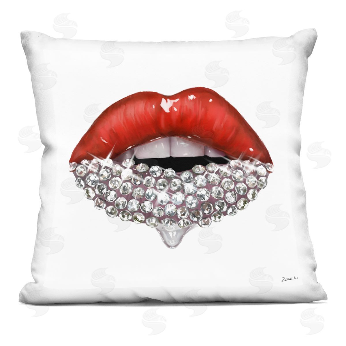 Red Glam Lips with Glistening Cosmetic Stones Printed Pillow Decorative Printed Pillow, Home Decor by Ziwei Li