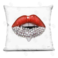 Ziwei Li | Red Glam Lips with Glistening Cosmetic Stones Printed Pillow