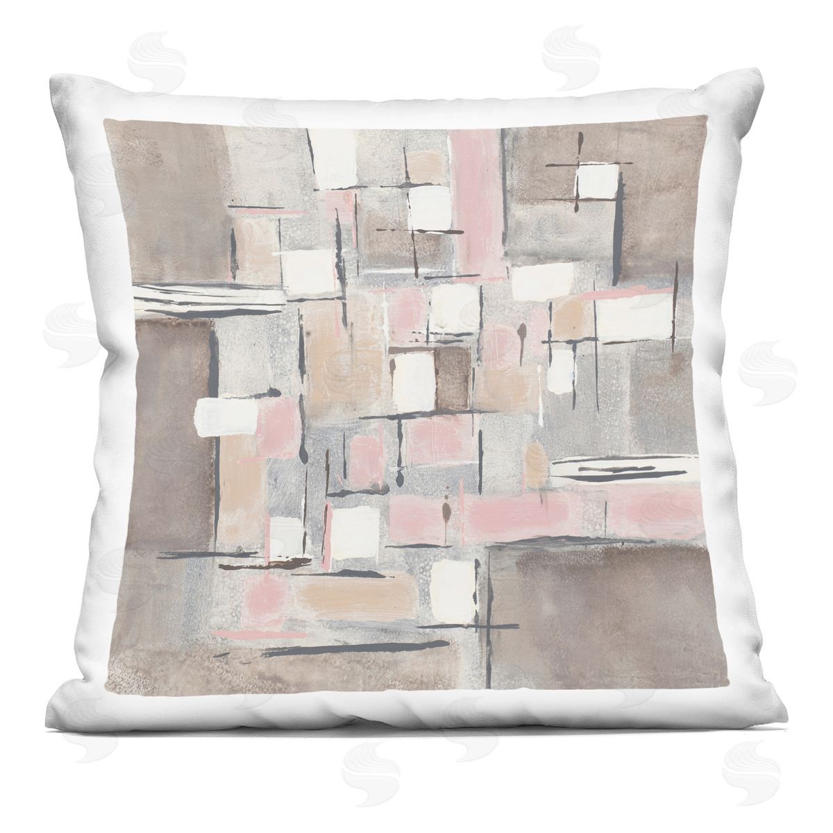 Pink Brown Patchwork Abstract Geometric Grid Decorative Printed Pillow, Home Decor by Merri Pattinian