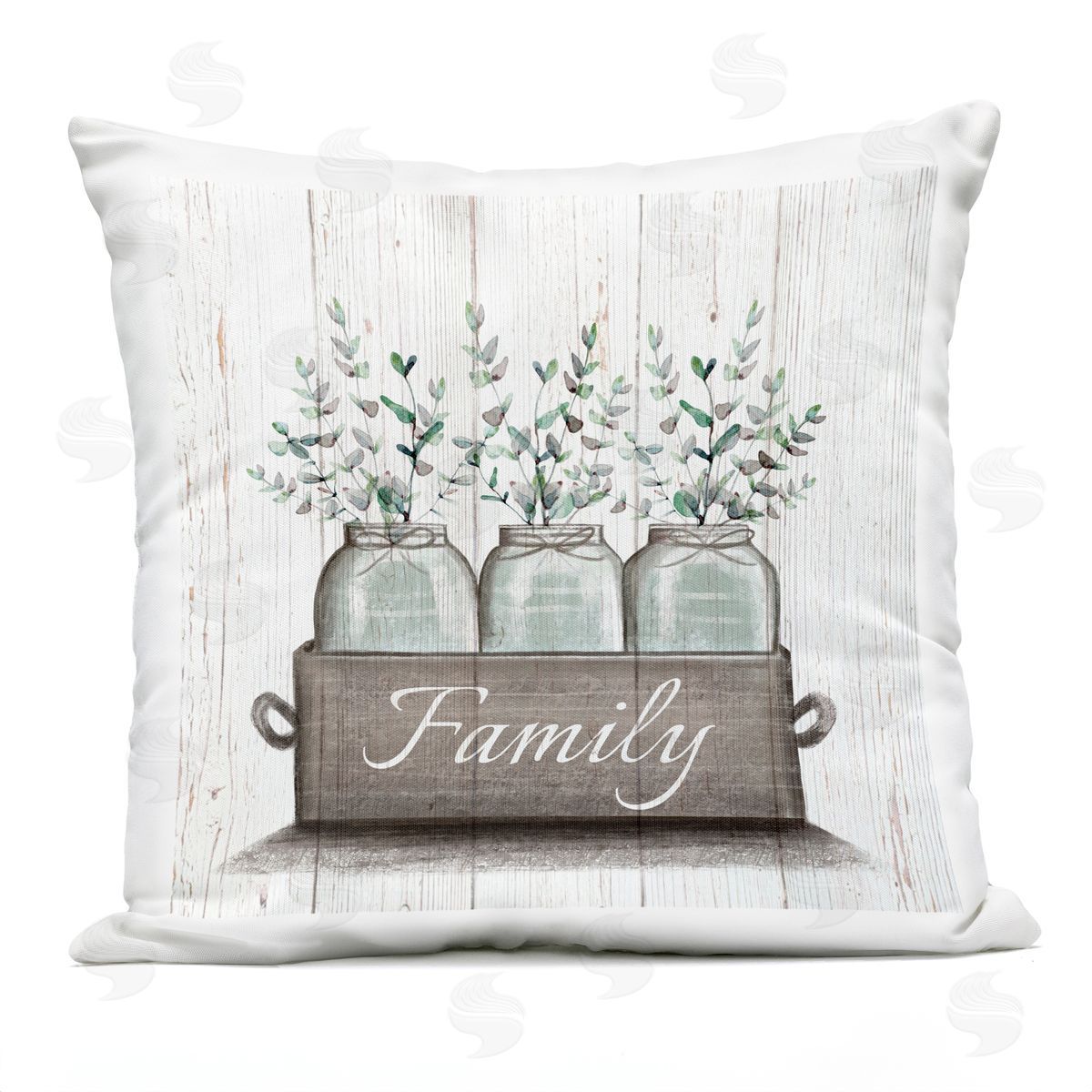 Green Eucalyptus Foliage Jars with Family Sentiments Outdoor Printed Pillow, Home Decor by Elizabeth Tyndall