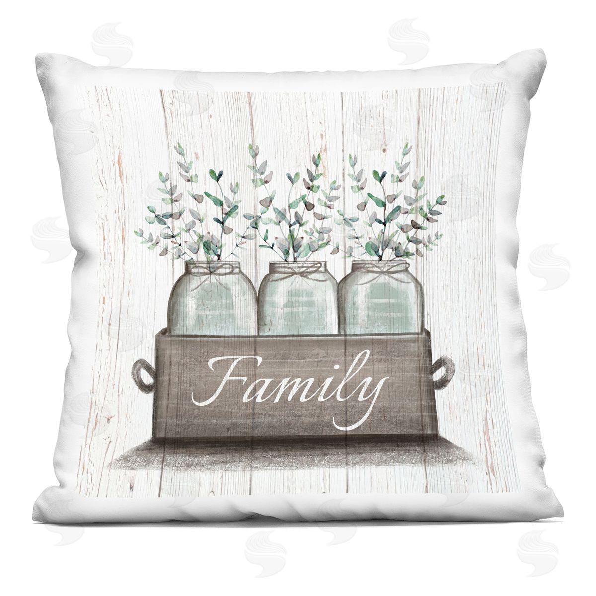 Green Eucalyptus Foliage Jars with Family Sentiments Decorative Printed Pillow, Home Decor by Elizabeth Tyndall