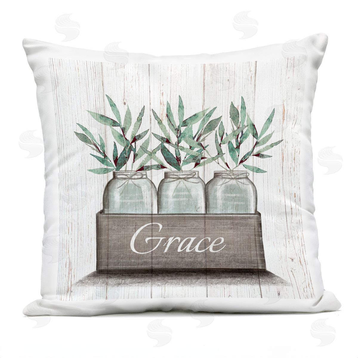 Green Plant Foliage in Jars with Grace Sentiments Outdoor Printed Pillow, Home Decor by Elizabeth Tyndall