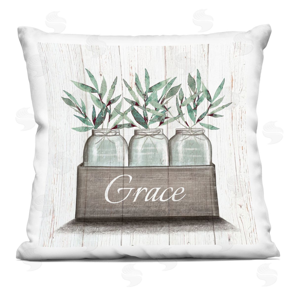 Green Plant Foliage in Jars with Grace Sentiments Decorative Printed Pillow, Home Decor by Elizabeth Tyndall