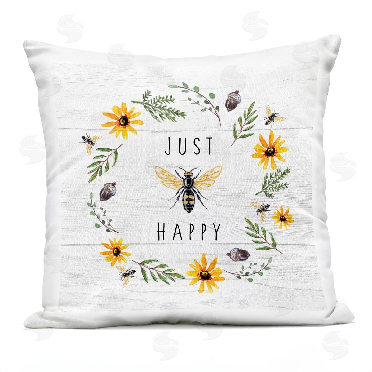 Just Bee Happy Pun Phrase Yellow Daisy Wreath Outdoor Printed Pillow, Home Decor by Elizabeth Tyndall
