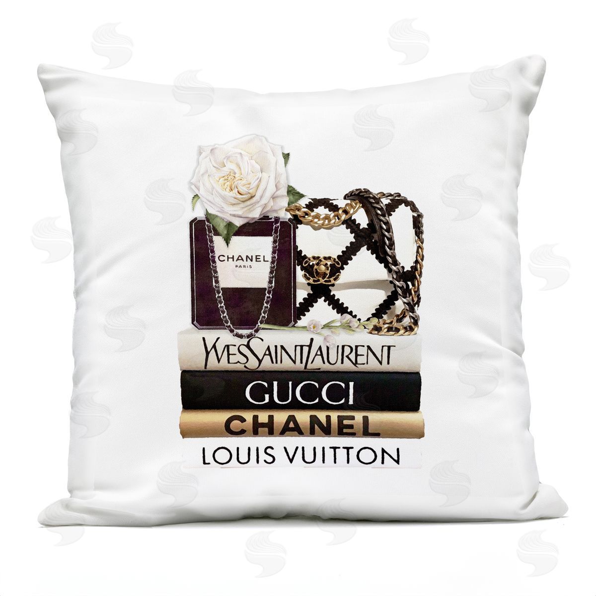 Elegant Glam Fashion Floral Bag on Bookstack Outdoor Printed Pillow, Home Decor by Ros Ruseva