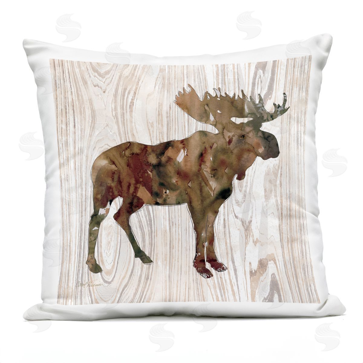 Brown Watercolor Moose Silhouette Rustic Grain Pattern Outdoor Printed Pillow, Home Decor by Carol Robinson