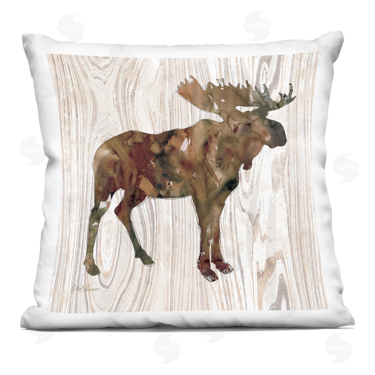 Brown Watercolor Moose Silhouette Rustic Grain Pattern Decorative Printed Pillow, Home Decor by Carol Robinson