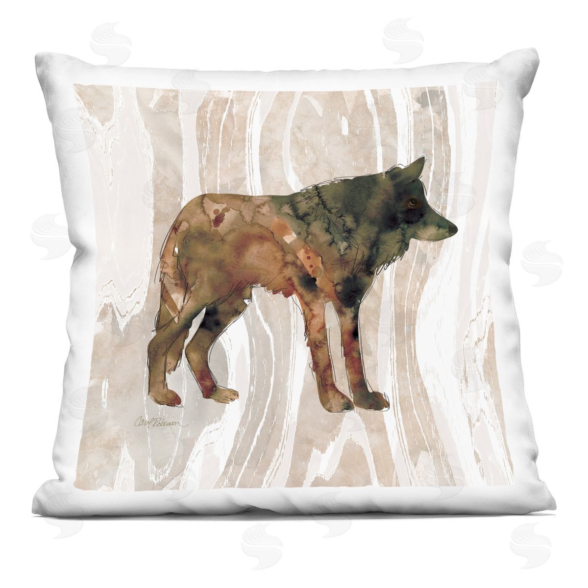 Woodland Wolf Watercolor Silhouette Rustic Grain Pattern Decorative Printed Pillow, Home Decor by Carol Robinson
