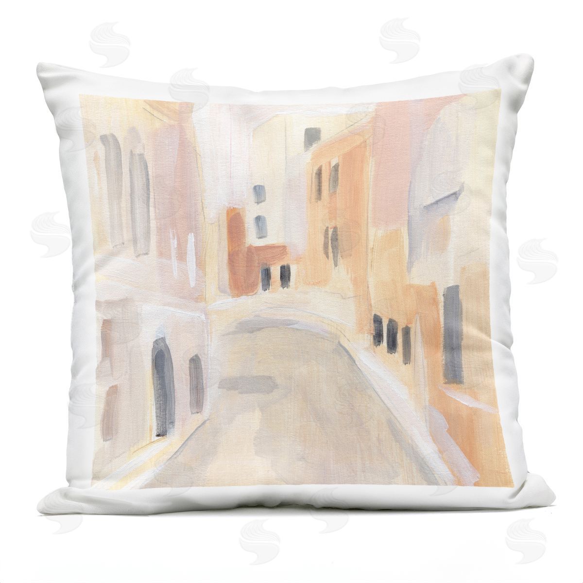 Soft City Pathway Delicate Coastal European Buildings Outdoor Printed Pillow, Home Decor by Annie Warren