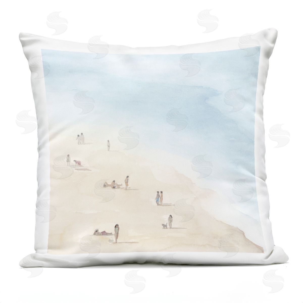 People Lounging at Beach Soft Blue Coastal Landscape Outdoor Printed Pillow, Home Decor by Grace Popp