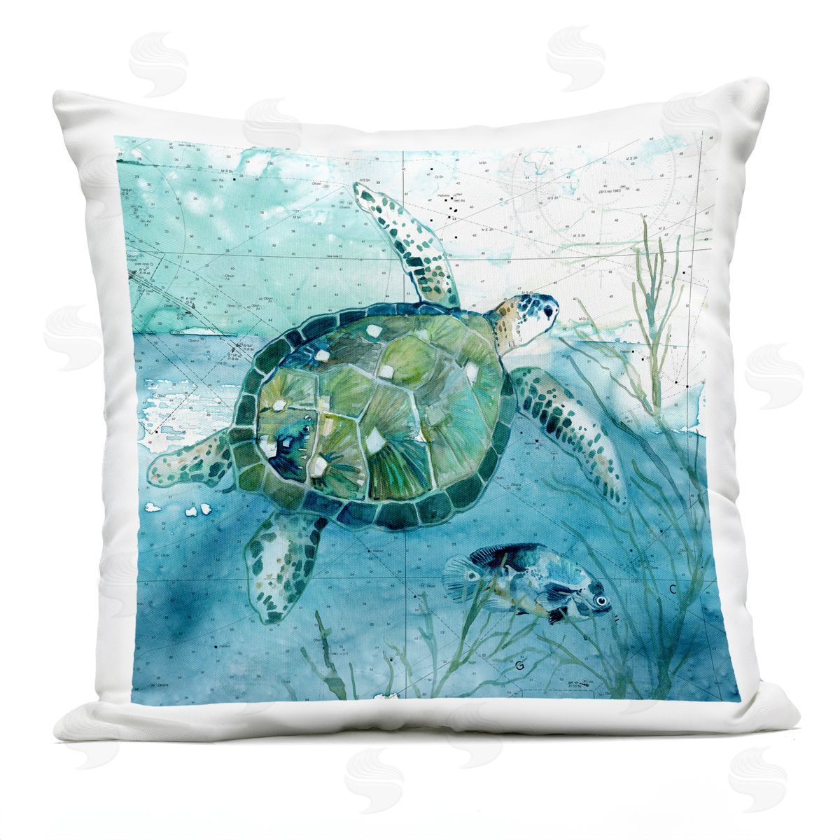 Sea Turtle over Map Outdoor Printed Pillow, Home Decor by Carol Robinson