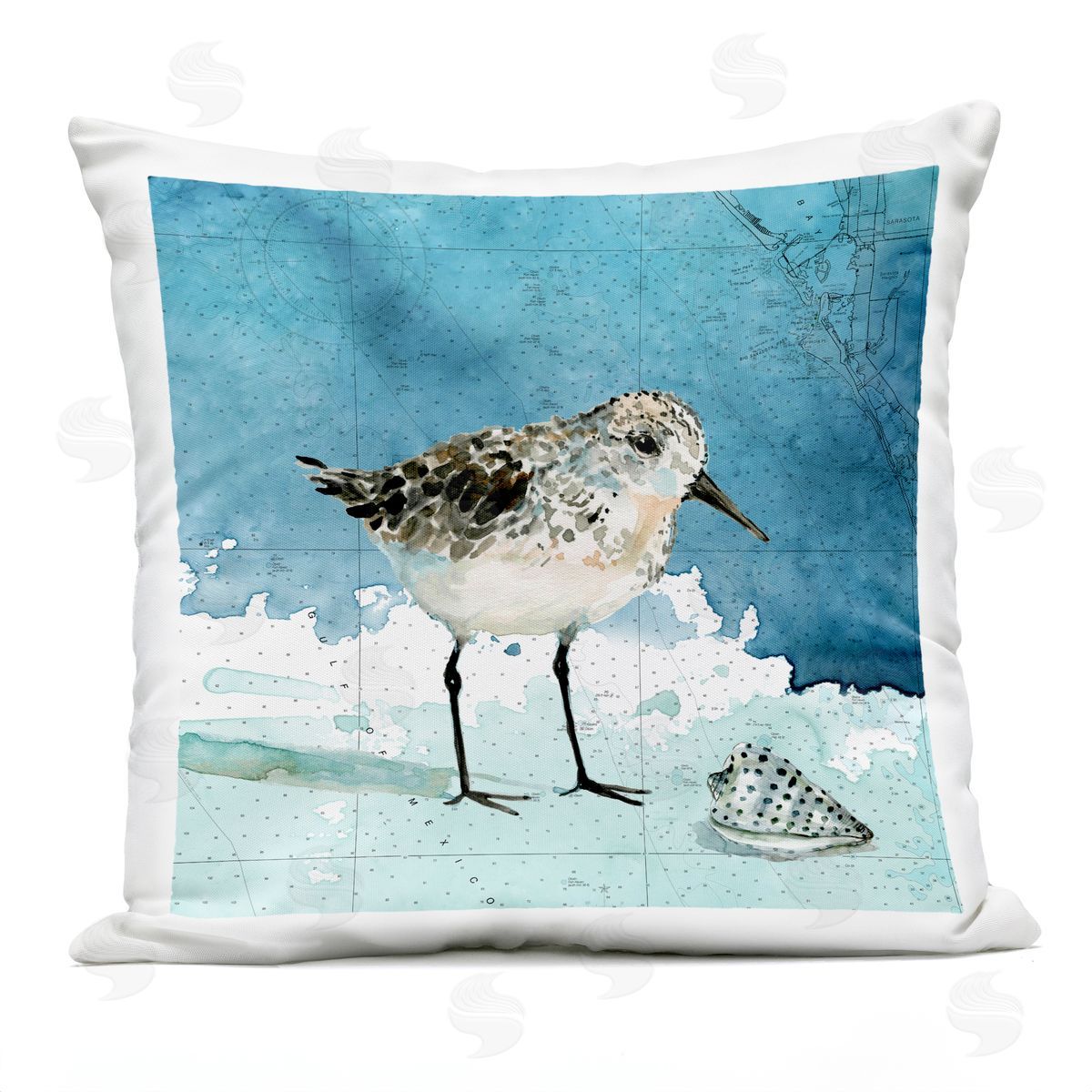Sandpiper Bird over Map Outdoor Printed Pillow, Home Decor by Carol Robinson
