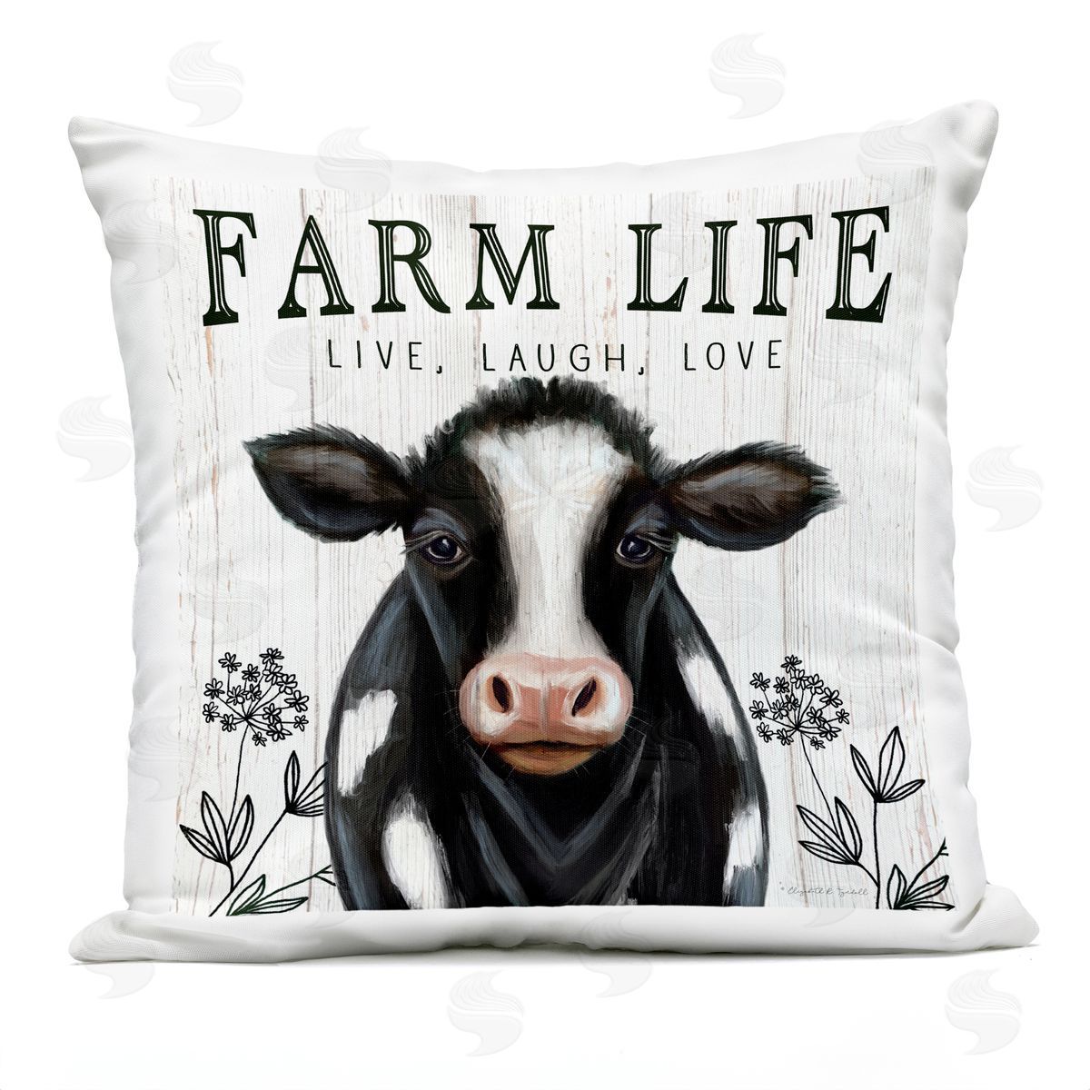 Farm Life Dairy Cow Sign Wildflower Florals Outdoor Printed Pillow, Home Decor by Elizabeth Tyndall