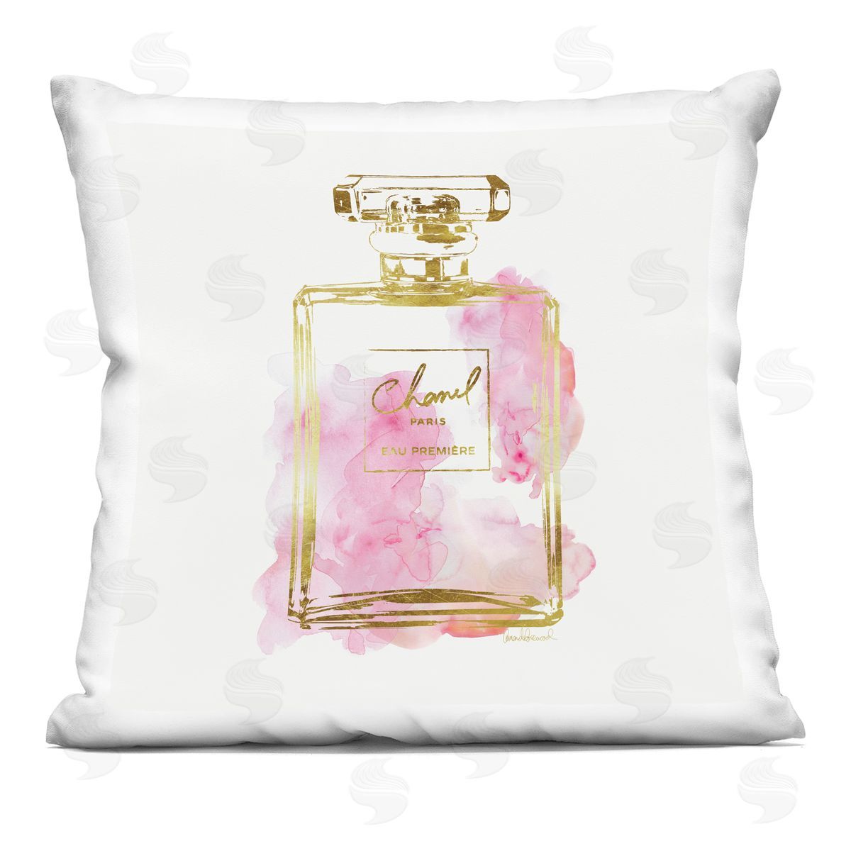 Glam Perfume Bottle Expressive Pink Watercolor Pattern Decorative Printed Pillow, Home Decor by Amanda Greenwood