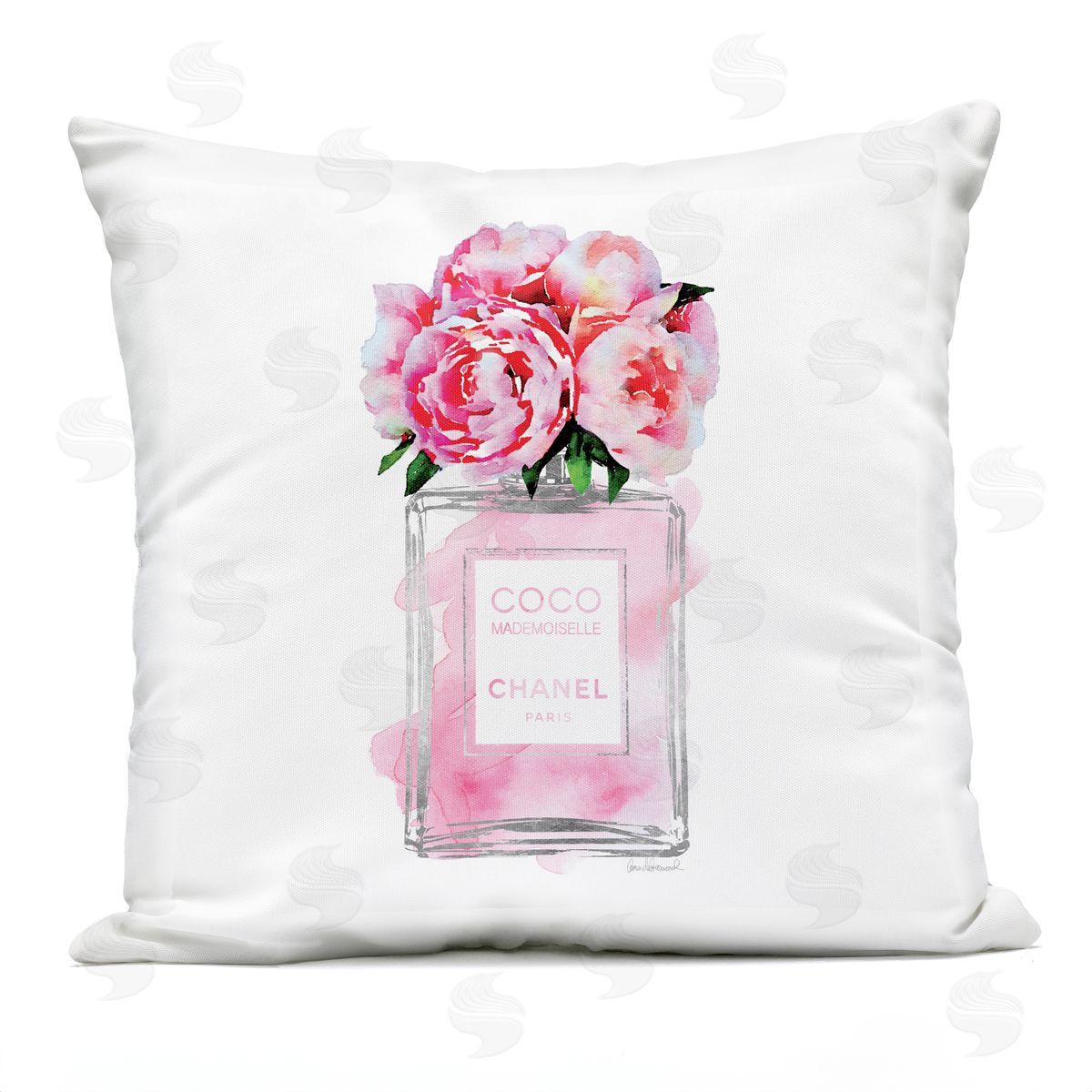 Glam Perfume Bottle Flower Silver Pink Peony Outdoor Printed Pillow, Home Decor by Amanda Greenwood