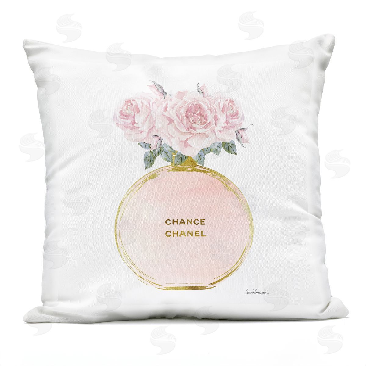 Pink and Gold Round Perfume Bottle with Roses Outdoor Printed Pillow, Home Decor by Amanda Greenwood