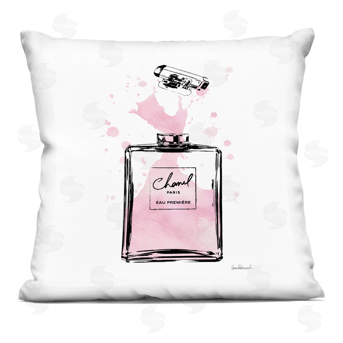 Pretty Pink Watercolor Perfume Bottle Splash Decorative Printed Pillow, Home Decor by Amanda Greenwood