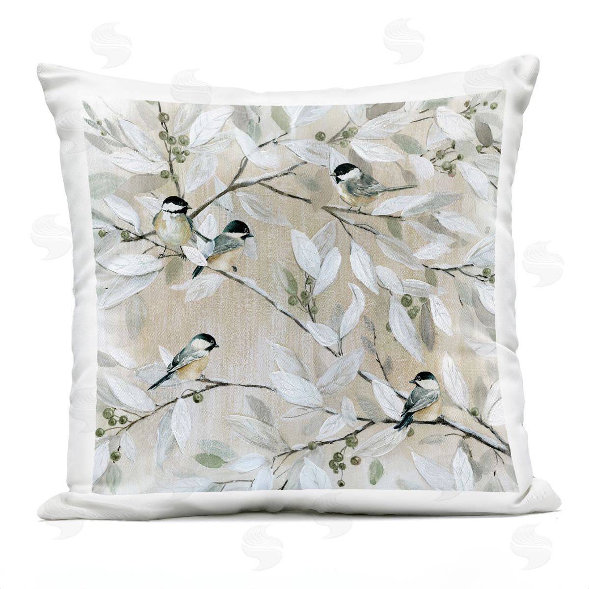 Chickadee Birds on Tree Branches Soft Berry Fruits Outdoor Printed Pillow, Home Decor by Carol Robinson
