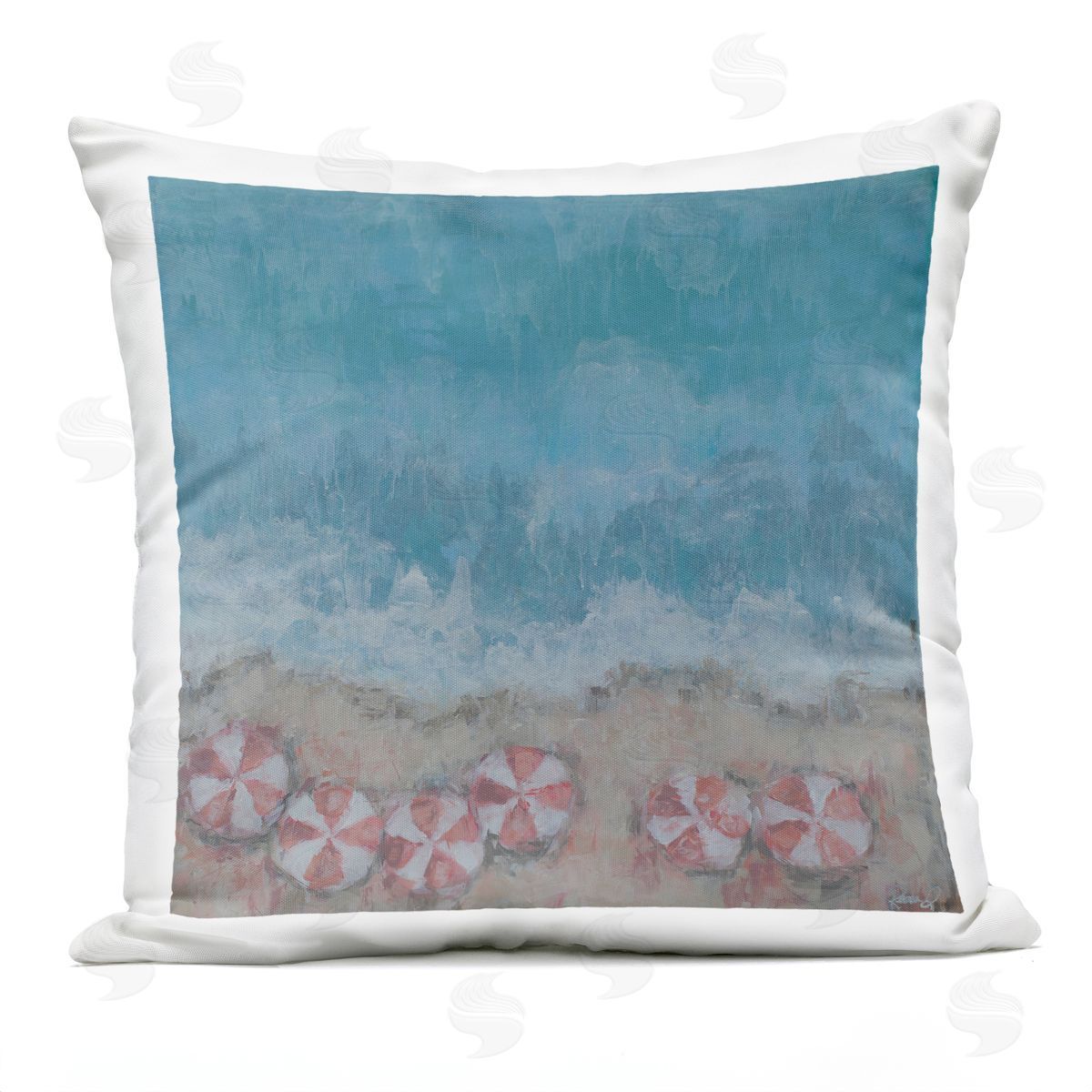 Abstract Ocean Shore Beach Umbrella Coast Outdoor Printed Pillow, Home Decor by Reesa Qualia