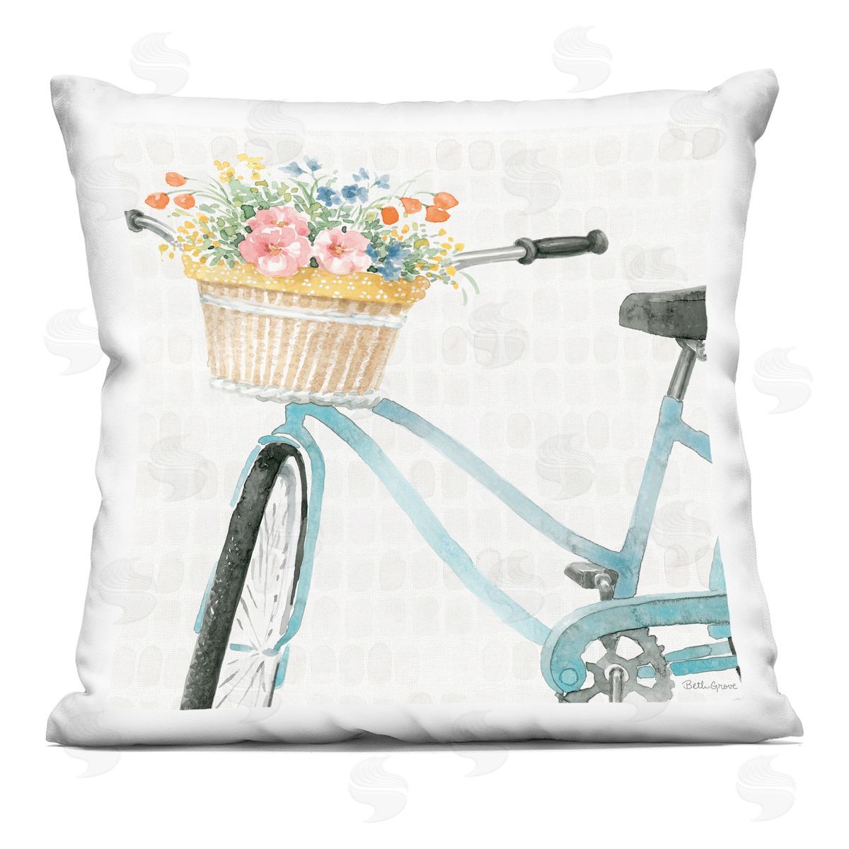 Country Bicycle Basket Blooming Spring Flowers Decorative Printed Pillow, Home Decor by Beth Grove