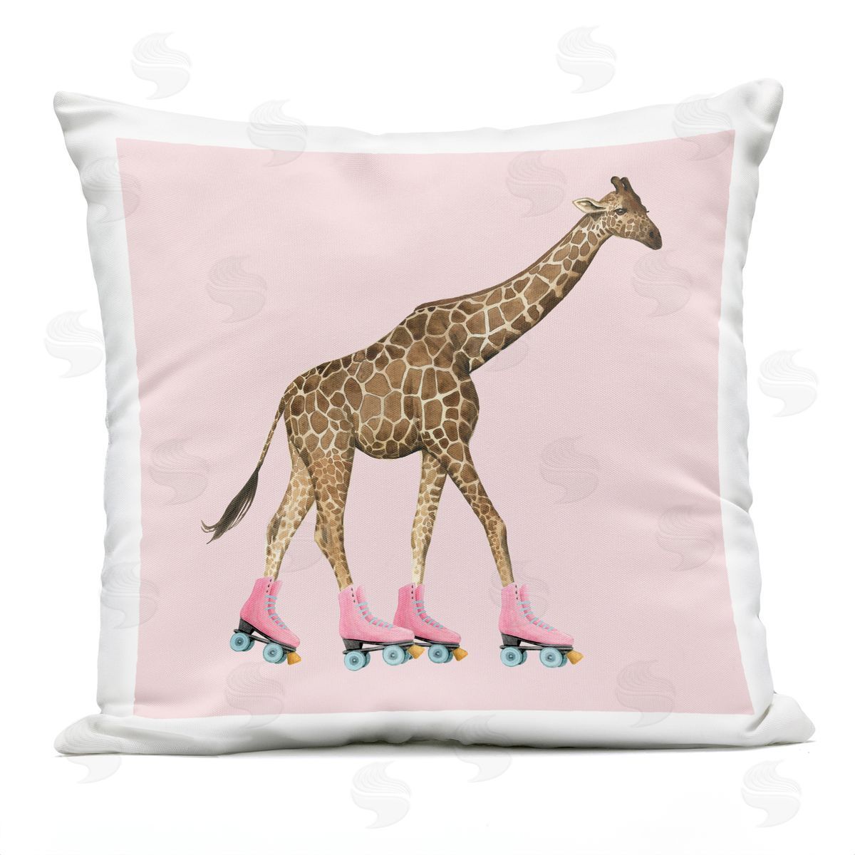 Funny Giraffe Wearing Roller Skates Over Pink Outdoor Printed Pillow, Home Decor by Grace Popp