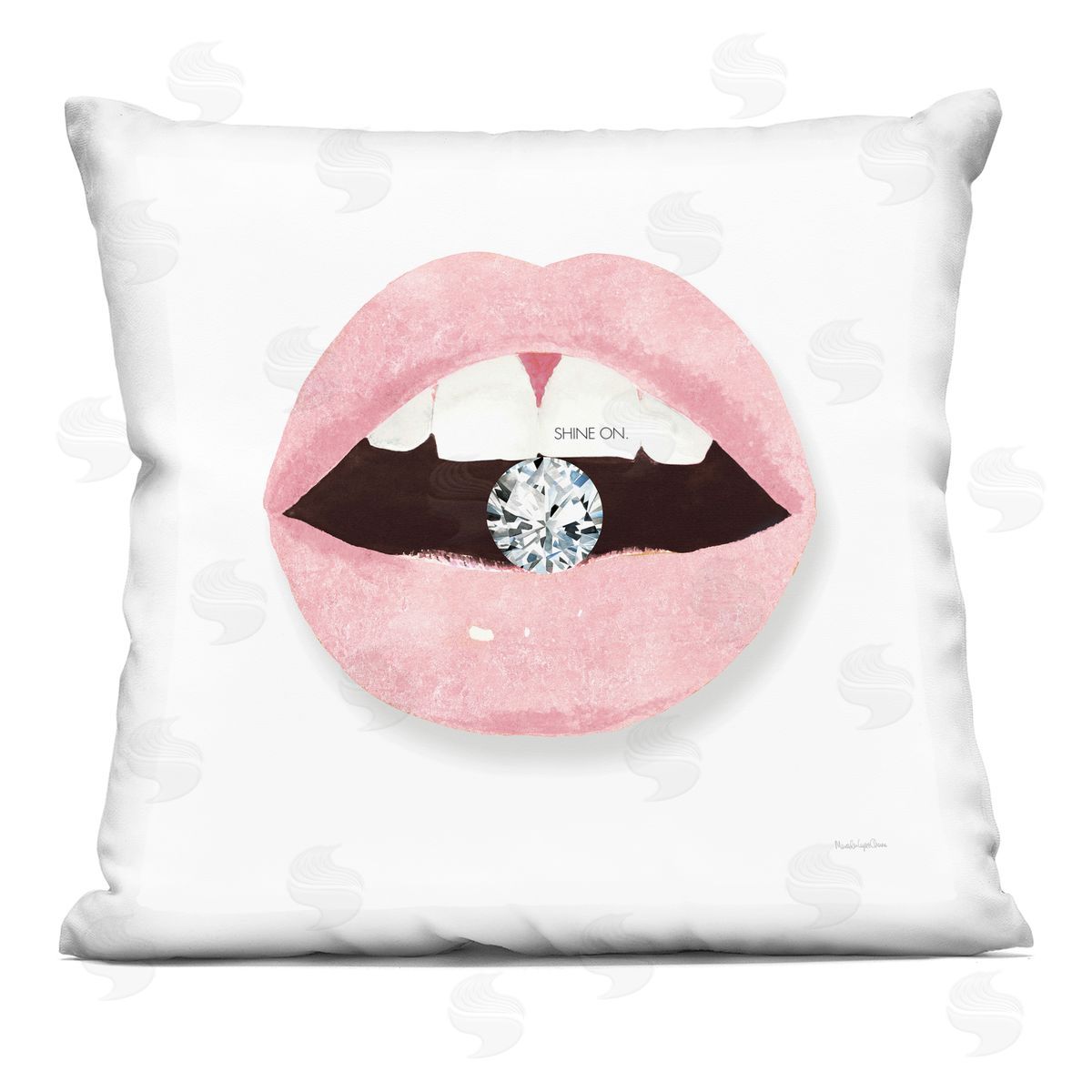 Shine On Motivational Phrase Pink Lips Diamond Bite Decorative Printed Pillow, Home Decor by Mercedes Lopez Charro