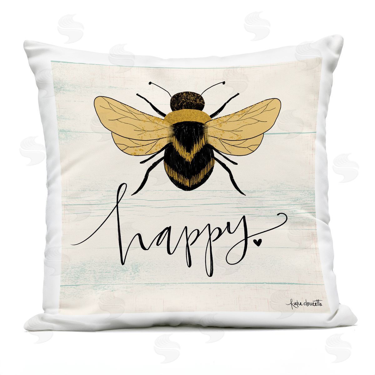 Bee Happy Yellow Green Family Word Design Outdoor Printed Pillow, Home Decor by Katie Doucette
