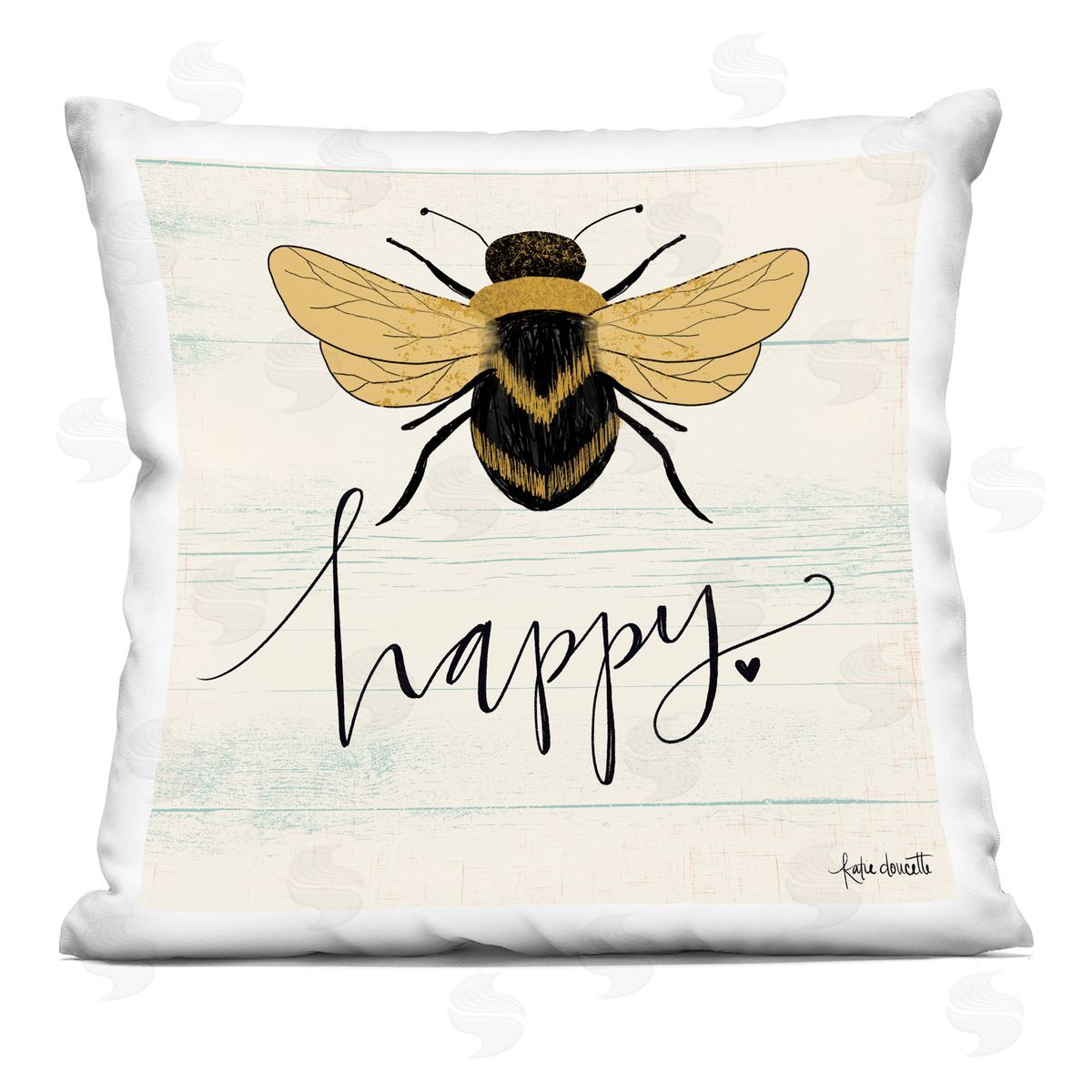 Bee Happy Yellow Green Family Word Design Decorative Printed Pillow, Home Decor by Katie Doucette